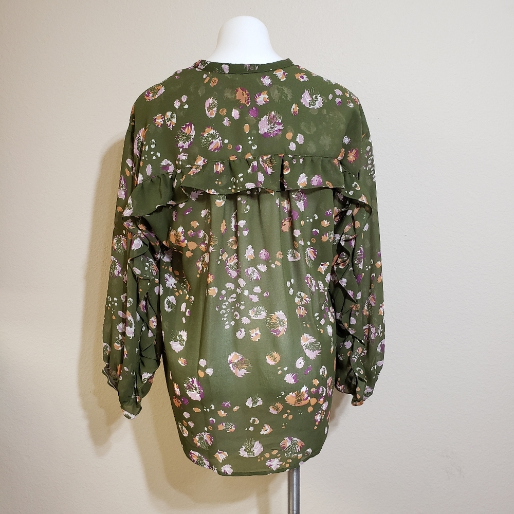 Max Studio Floral Sheer Blouse Size Small NWT Olive Green - Picture 5 of 8